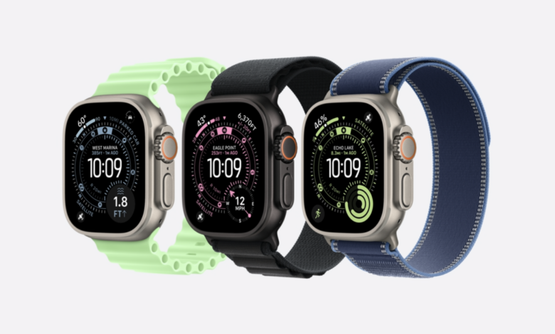 Three Apple Watch Ultra models shown with different band colors: light green, black, and dark blue. Each watch displays a unique watch face.
