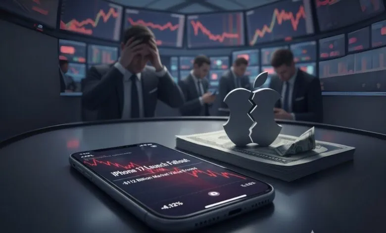 Cracked Apple logo on cash, smartphone showing stock crash after iPhone 17 launch.