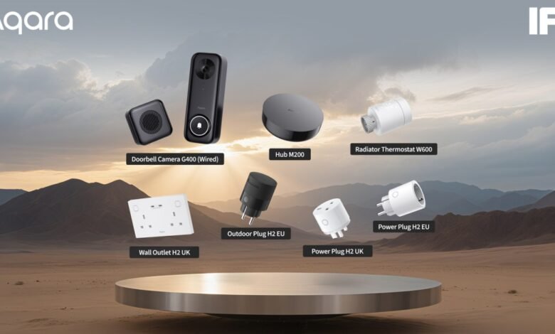 Aqara smart home devices displayed on a podium against a desert landscape.