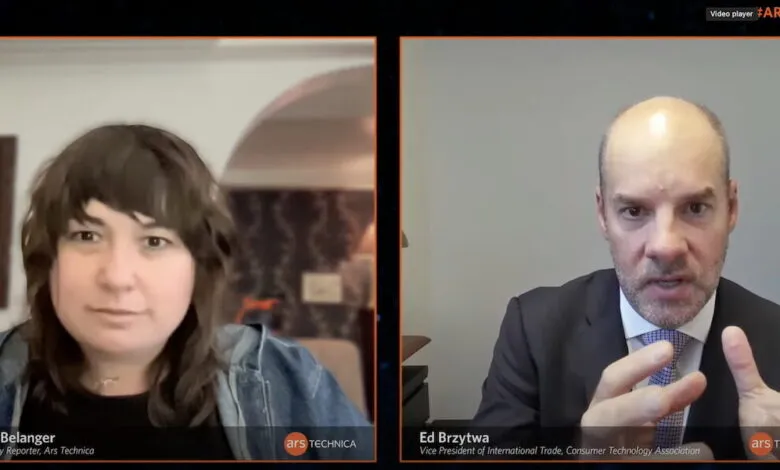 Ashley Belanger and Ed Brzytwa in a video conference discussing tech policy.