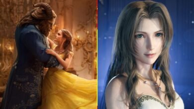 Split image: Beast and Belle dancing, and Aerith Gainsborough from Final Fantasy VII.