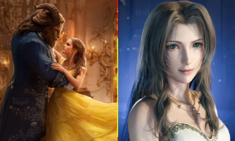 Split image: Beast and Belle dancing, and Aerith Gainsborough from Final Fantasy VII.