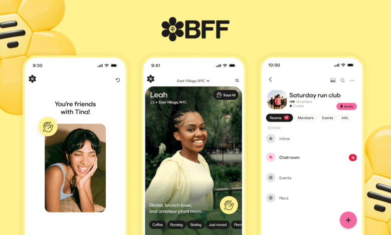 Screenshots of the BFF app showcasing user profiles and group activities.