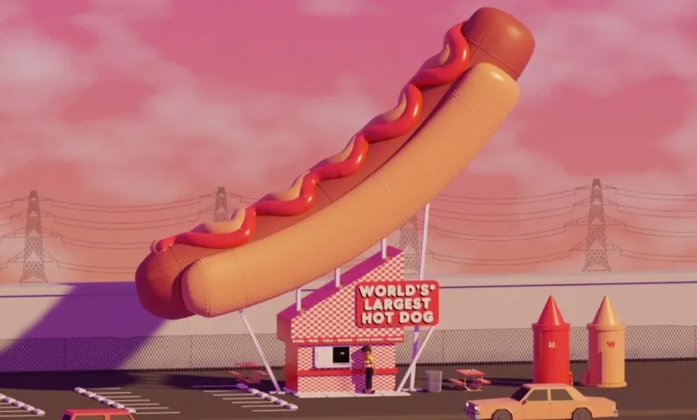 Giant inflatable hot dog with ketchup and mustard over a diner.