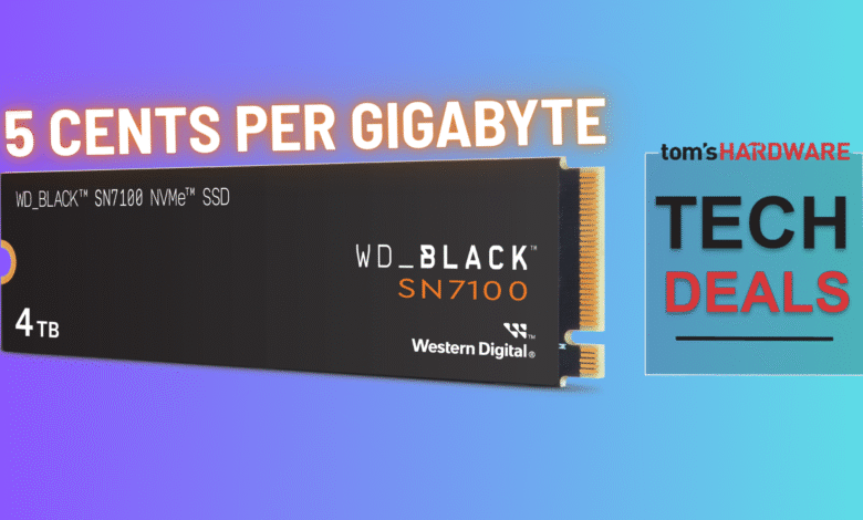 WD_BLACK SN7100 4TB NVMe SSD on sale for 5 cents per gigabyte, as advertised by Tom's Hardware.