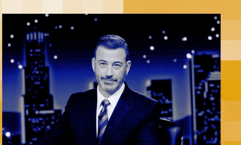 Jimmy Kimmel in a suit and tie, seated in a studio with a cityscape backdrop.