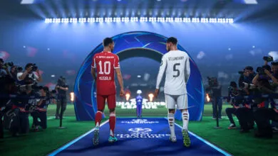 Jamal Musiala and Jude Bellingham walk onto a Champions League field, surrounded by photographers.