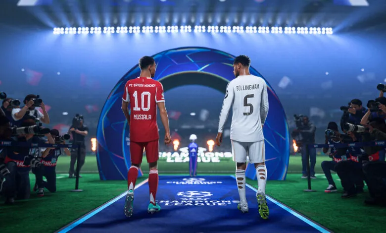 Jamal Musiala and Jude Bellingham walk onto a Champions League field, surrounded by photographers.