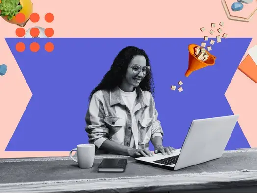 Smiling woman works on laptop, content marketing concept with funnel graphic showing lead generation.
