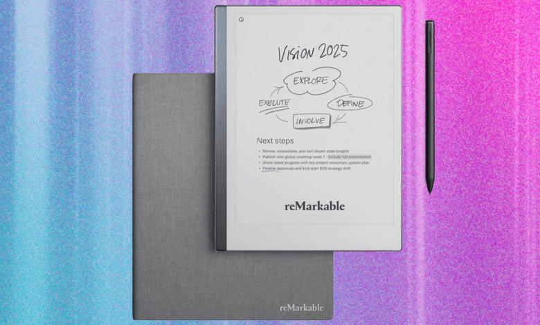 reMarkable tablet and pen displayed on a colorful background, showcasing a handwritten vision plan for 2025.