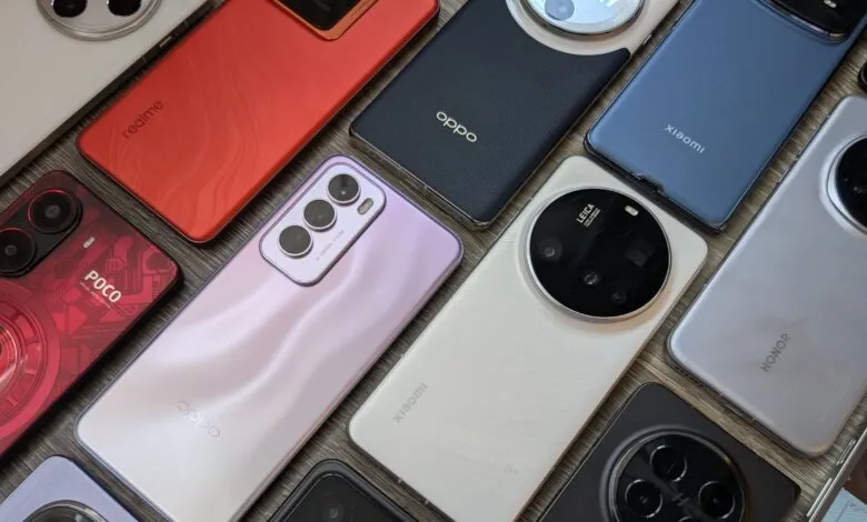 Collection of various smartphone models from brands like Poco, Realme, Oppo, Xiaomi, and Honor, showcasing diverse designs and camera systems.
