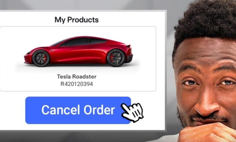 Man looking at a screen showing a red Tesla Roadster with a 'Cancel Order' button.