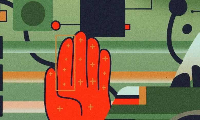 Abstract art depicting a red hand with plus signs against a green and orange geometric background.
