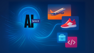 AI MAX logo with icons for travel, sports, business, and coding