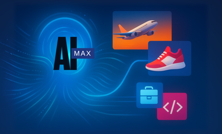 AI MAX logo with icons for travel, sports, business, and coding