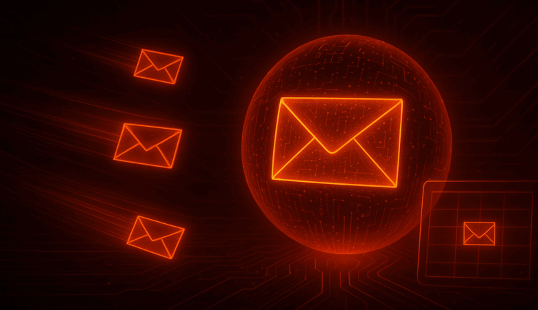 Glowing orange email icons move across a dark circuit board background, one inside a sphere.