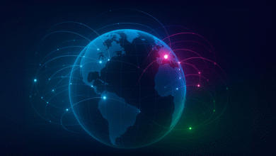 Digital globe with glowing network connections spanning across continents.