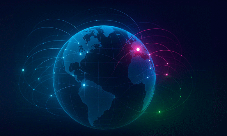 Digital globe with glowing network connections spanning across continents.