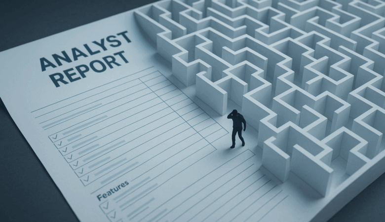 Analyst report with maze; a small figure stands at the maze's entrance, symbolizing complex data analysis.