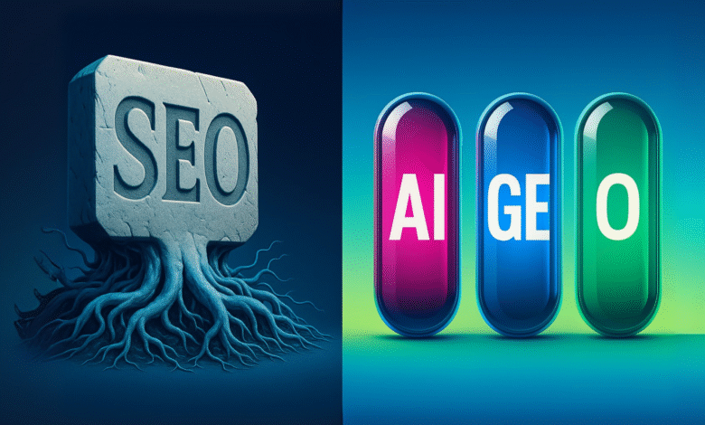 Stone SEO symbol with roots and AI, GEO, O capsules. Illustrates SEO's foundational role and AI's influence.