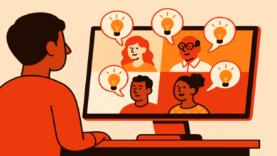 Person viewing a video conference with colleagues, lightbulb icons above each participant representing ideas.