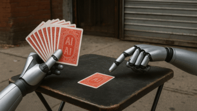 Two robotic hands playing a card game with cards marked 'AI'.