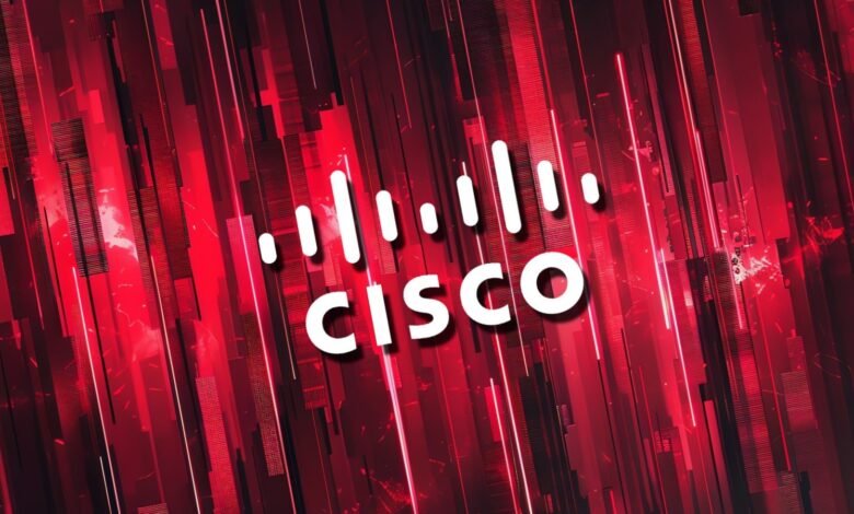 The Cisco logo with its iconic soundwave symbol against a dynamic red and black abstract background.