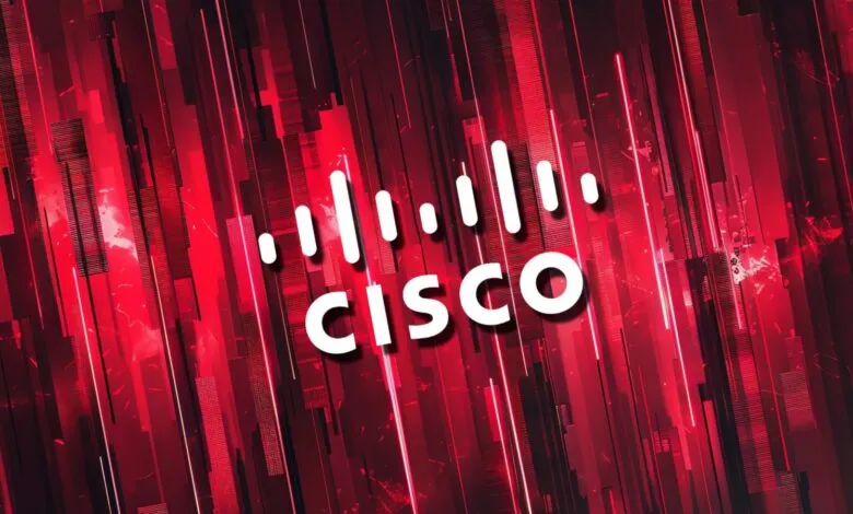 The Cisco logo with its iconic soundwave symbol against a dynamic red and black abstract background.