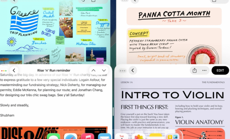 iPad screen displaying notes for a charity run, a panna cotta recipe, and a violin lesson.
