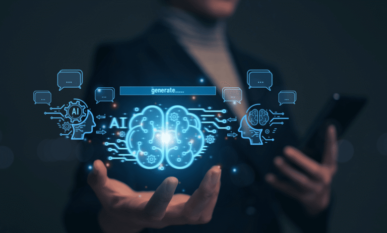 Person's hands hold a glowing AI brain graphic with circuit lines, symbolizing generative AI technology.
