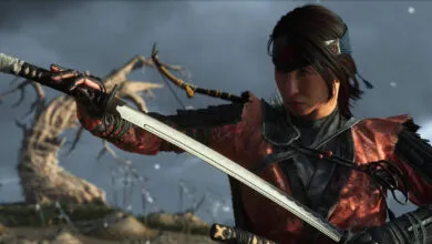 A female samurai warrior in red armor draws her katana, ready for battle.