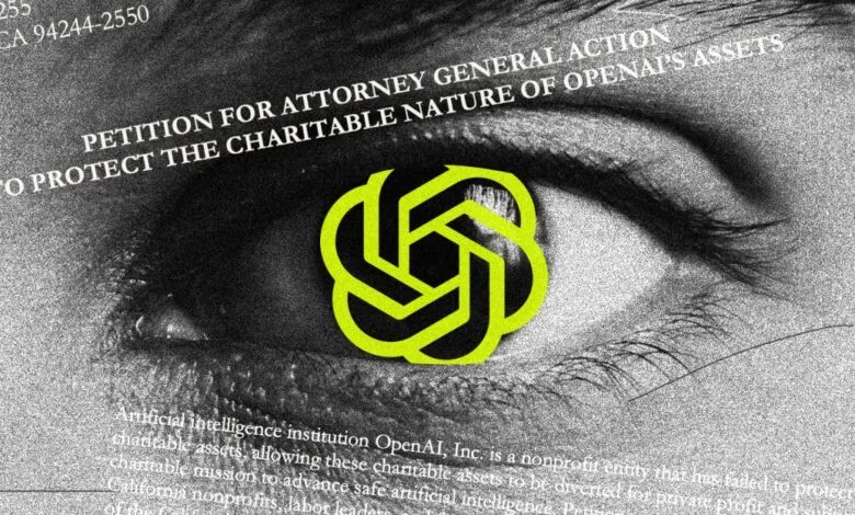Close-up of an eye with a stylized graphic overlay, text about a petition to protect OpenAI's charitable assets.