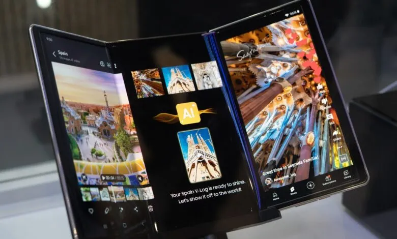 Foldable smartphone displaying travel vlog editing with AI tools and Sagrada Familia images.