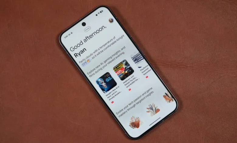 Smartphone displaying a personalized weather report and curated content suggestions, including gaming and film options.