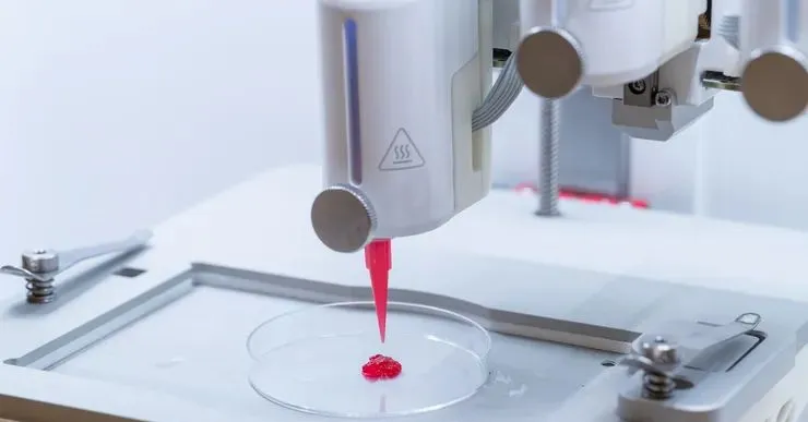 Close-up of a 3D bioprinter dispensing red bio-ink onto a petri dish.