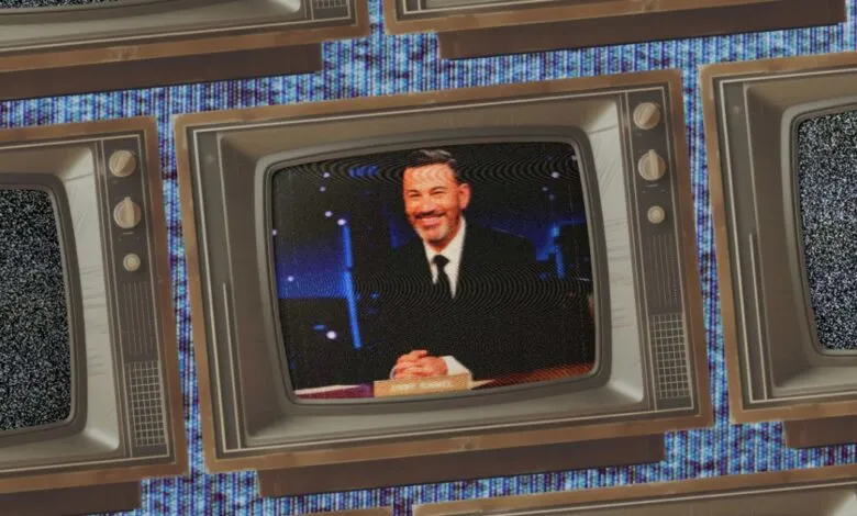 Jimmy Kimmel on vintage TV screens, surrounded by static. Retro media collage.