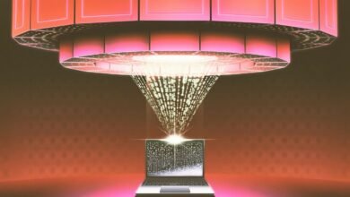 Data streams from a pink, geometric structure into a laptop, symbolizing digital data transfer.