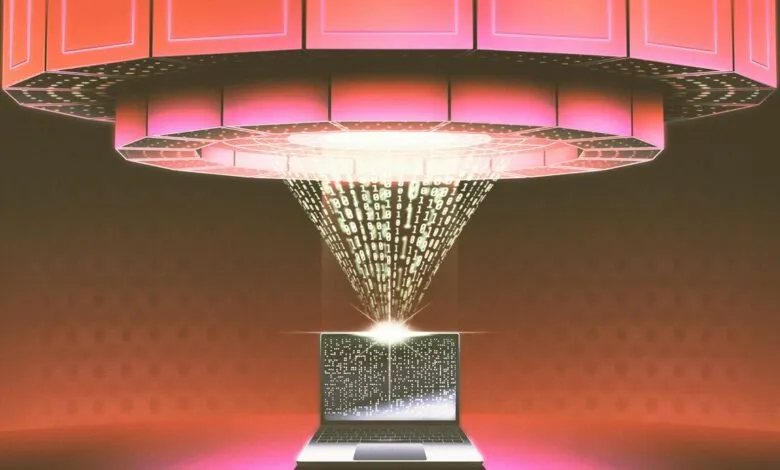 Data streams from a pink, geometric structure into a laptop, symbolizing digital data transfer.