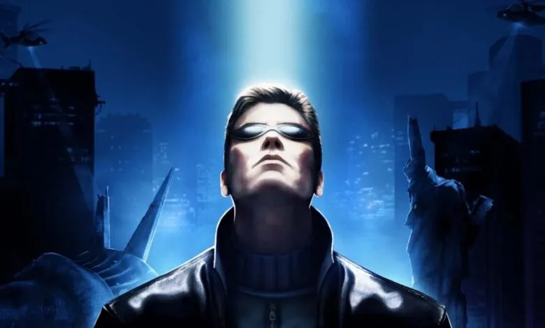 Man in sunglasses looking up at a bright light, with a futuristic city and helicopters in the background.