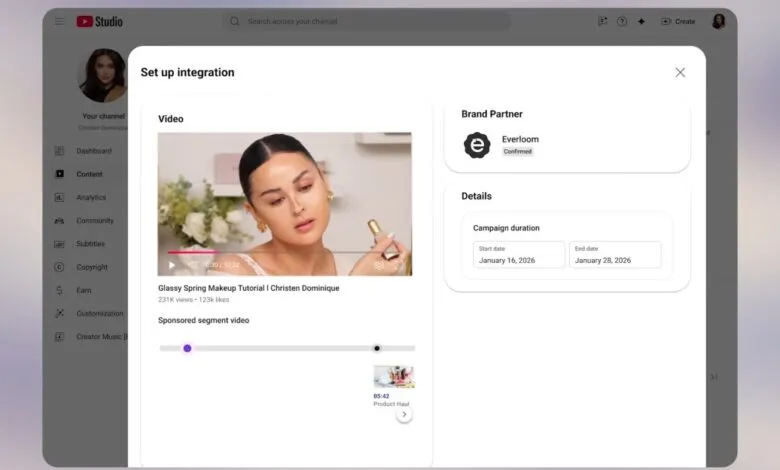 YouTube Studio interface showing a sponsored makeup tutorial setup for Christen Dominique with Everloom.