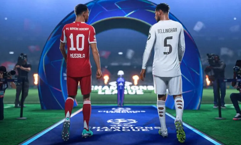 Two soccer players, Jamal Musiala and Jude Bellingham, walk towards a Champions League archway.