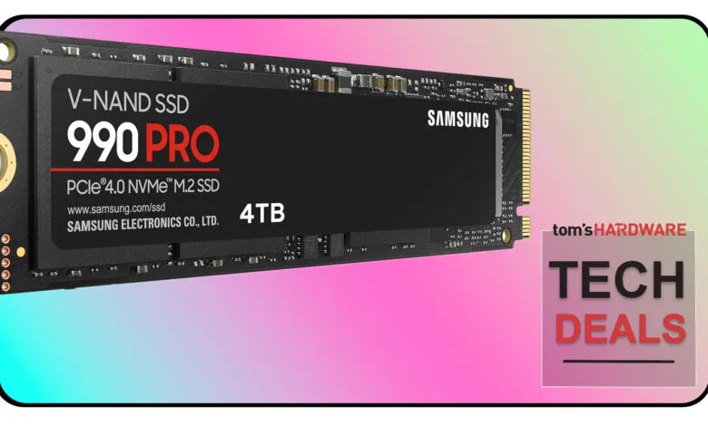 Samsung 990 Pro 4TB PCIe 4.0 NVMe M.2 SSD shown in product shot.