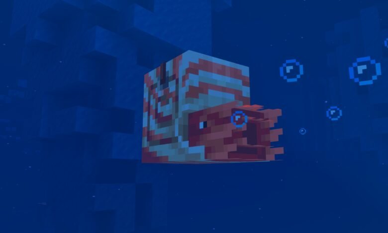 A pixelated Minecraft squid swims in deep blue water with bubbles.