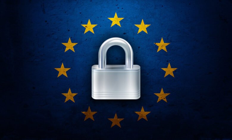 Padlock on EU flag background, symbolizing data security and privacy regulations.