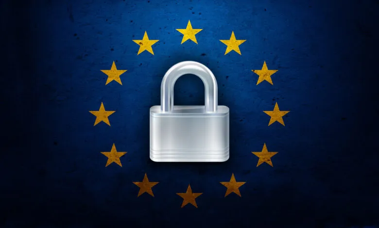 Padlock on EU flag background, symbolizing data security and privacy regulations.