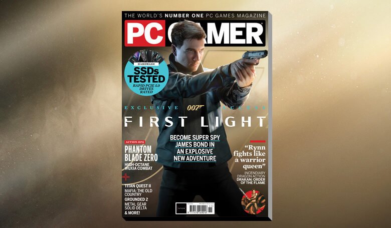 PC Gamer magazine cover featuring 007 in First Light, showcasing an exclusive James Bond adventure.