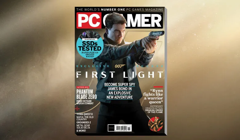 PC Gamer magazine cover featuring 007 in First Light, showcasing an exclusive James Bond adventure.