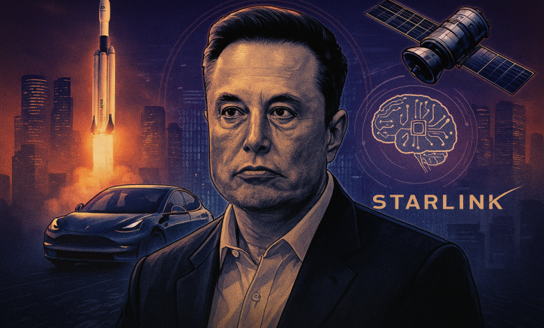 Portrait of Elon Musk with SpaceX rocket, Tesla car, Starlink satellite, and brain chip.