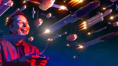 Elon Musk joyfully holds a remote control amidst a flurry of SpaceX rockets and satellites launching into space.
