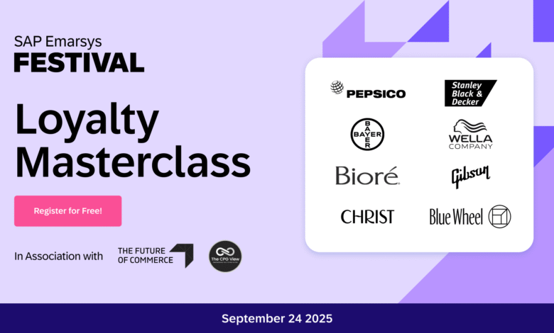 SAP Emarsys Festival Loyalty Masterclass event poster featuring logos of PepsiCo, Bayer, and others. Register for free on September 24, 2025.